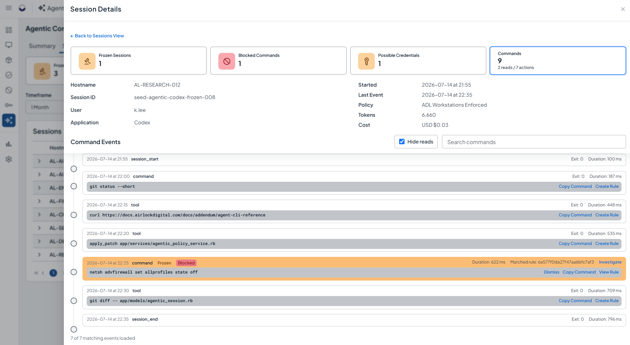 Agentic session details showing command events and a blocked command