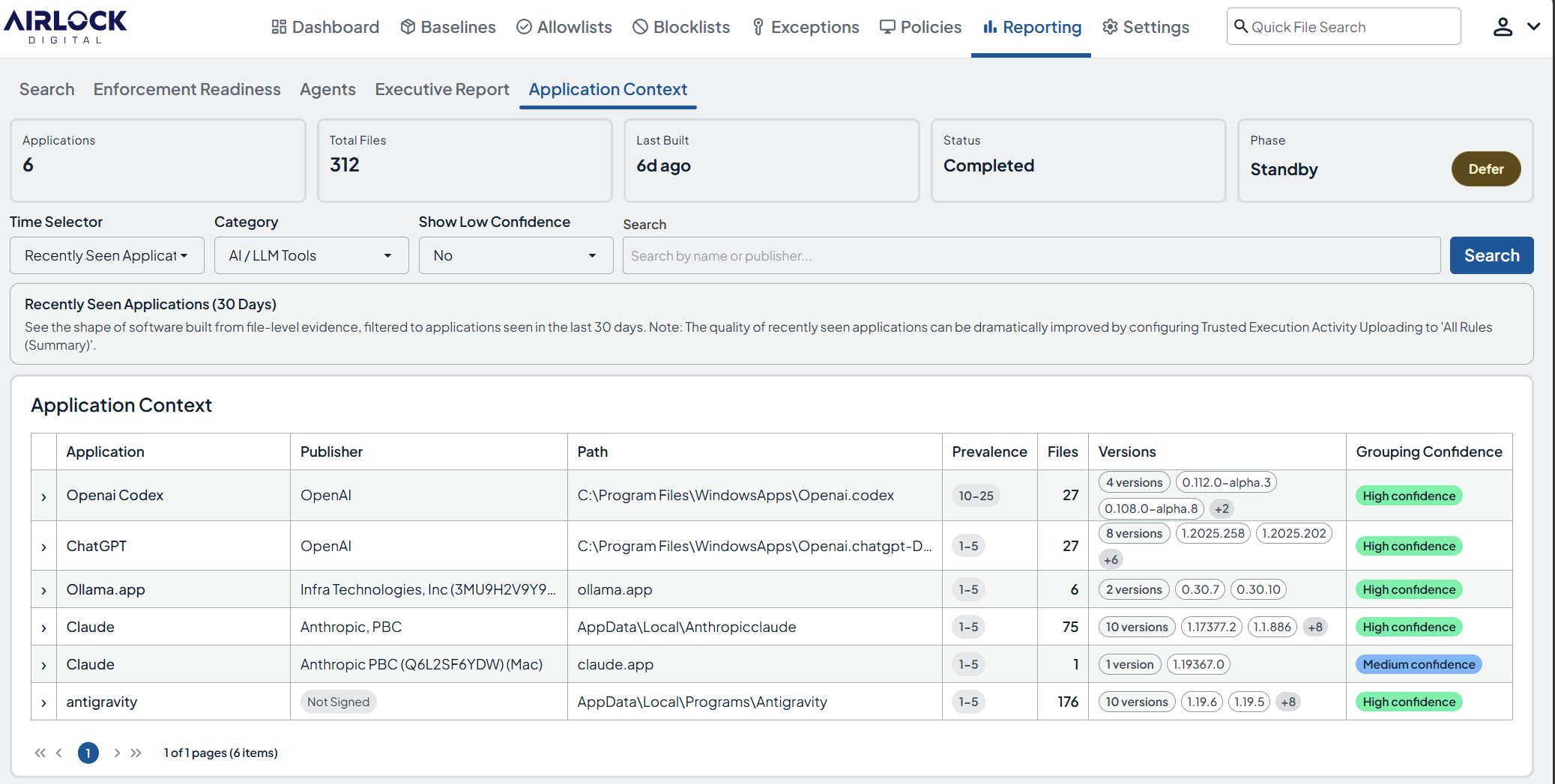 Application Context report showing discovered AI applications on endpoints